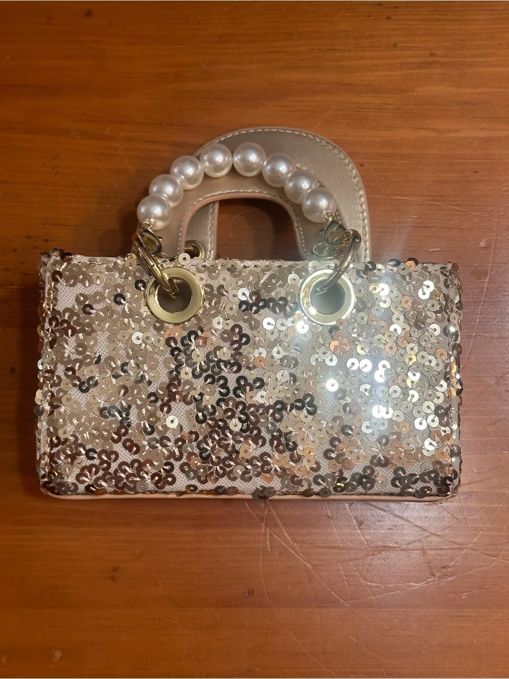 ✨ Girls Champagne Sequin Mini Handbag Pearl Handle Crossbody Strap New